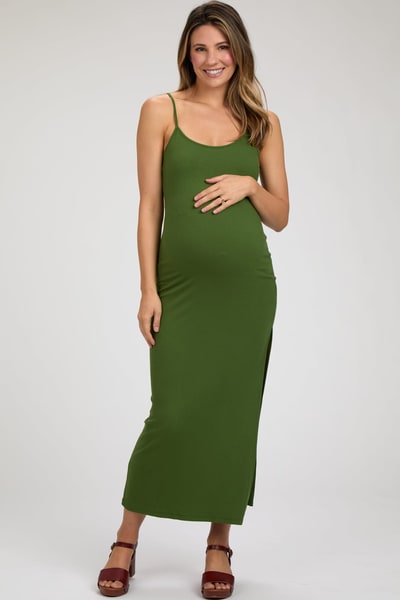 PinkBlush Green Ribbed Sleeveless Side Slit Maternity Dress
