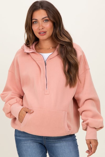 PinkBlush Peach Fleece Half Zip Drop Shoulder Maternity Hoodie