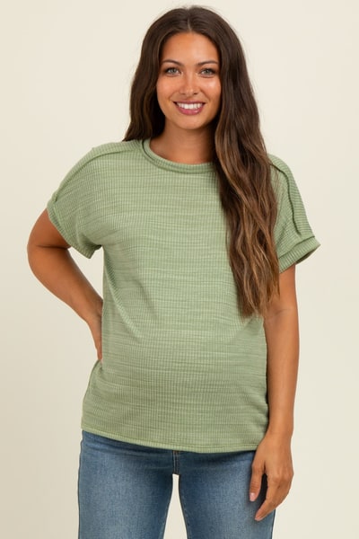 PinkBlush Light Olive Ribbed Exposed Seam Short Sleeve Maternity Top