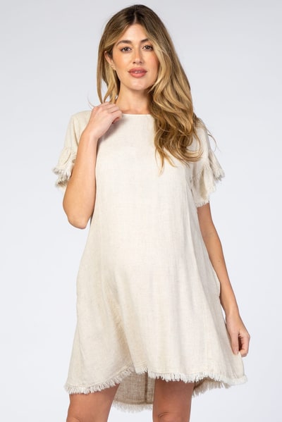 PinkBlush Cream Frayed Trim Back Keyhole Linen Maternity Dress