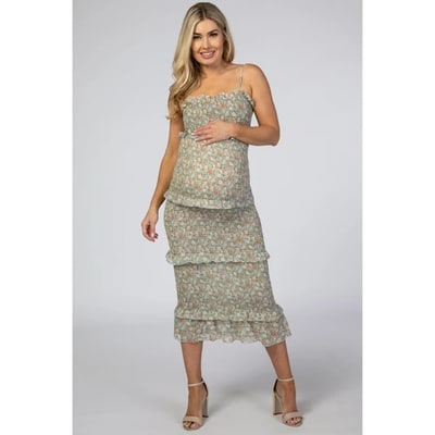 Target PinkBlush Light Olive Floral Chiffon Smocked Fitted Maternity Midi Dress Light Olive Large