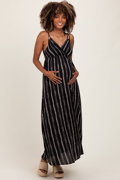 PinkBlush Black Striped Double Strap V-Neck Maternity Maxi Dress