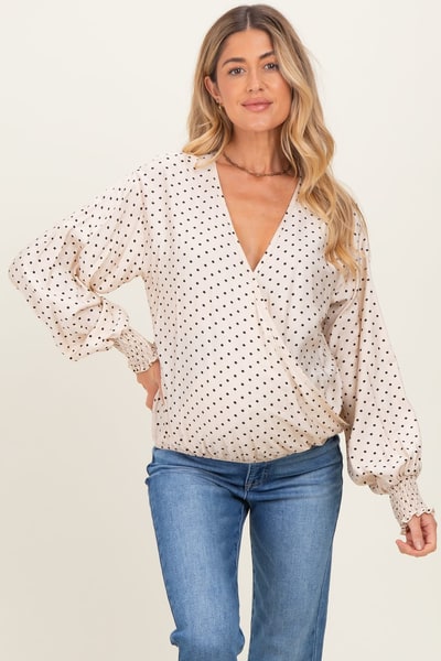 PinkBlush Ivory Polka Dot Long Sleeve Smocked Maternity Top