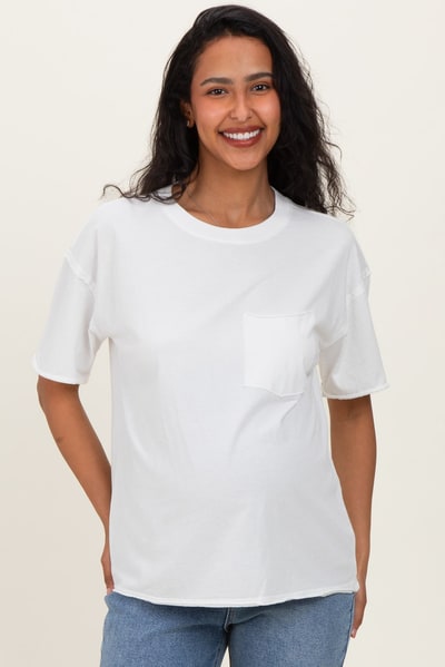 PinkBlush White Vintage Wash Raw Edge Pocket Maternity T-Shirt