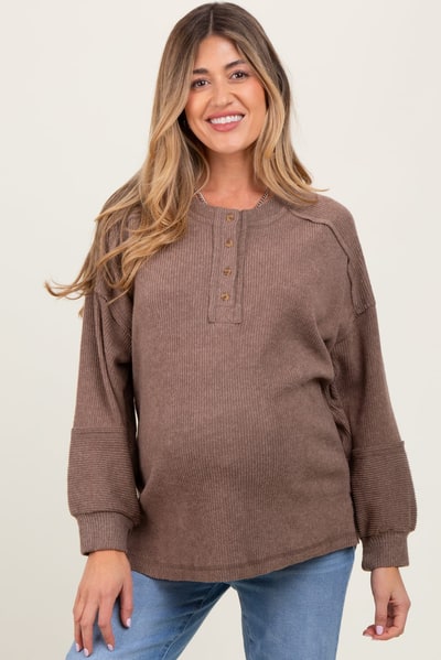 PinkBlush Mocha Oversized Ribbed Knit Henley Maternity Sweater