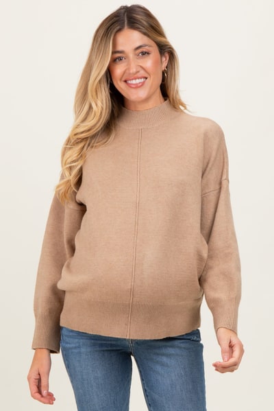 PinkBlush Camel Front Seam Mock Neck Maternity Sweater