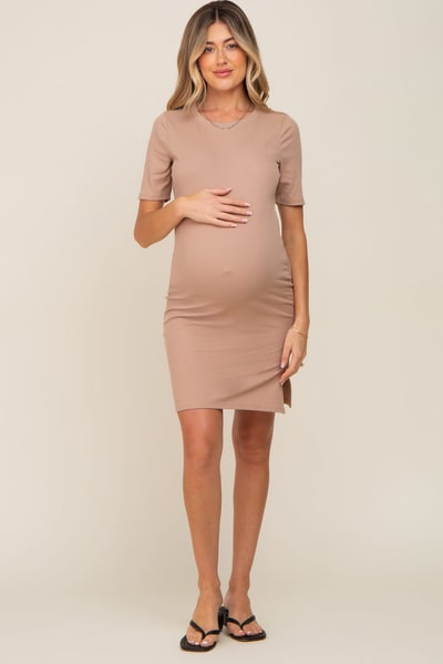 PinkBlush Taupe Ribbed Basic Short Sleeve Maternity Dress