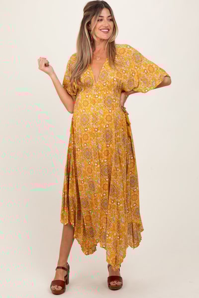 PinkBlush Yellow Printed Deep V-Neck Handkerchief Hem Maternity Maxi Dress