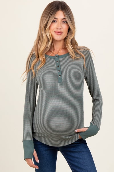 PinkBlush Forest Green Striped Snap Button Henley Maternity Top