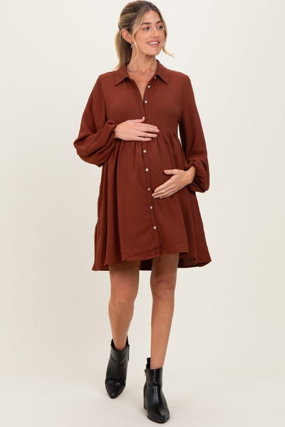 PinkBlush Brown Tiered Back Detail Button Down Maternity Dress
