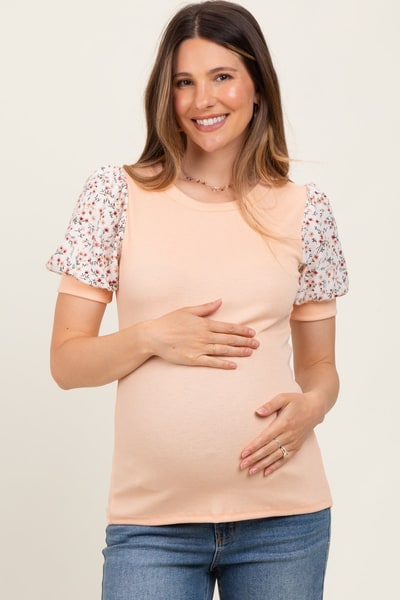 PinkBlush Peach Contrast Floral Puff Sleeve Maternity Top