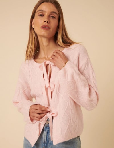 For The Creators Pink Tie Front Cable Knitted Cardigan