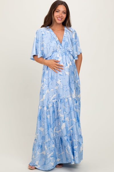 PinkBlush Light Blue Floral Short Sleeve Deep V-Neck Tiered Maternity Maxi Dress