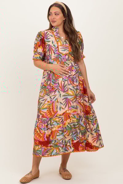 PinkBlush Pink Mix Leaf Print Pocketed Maternity Midi Dress