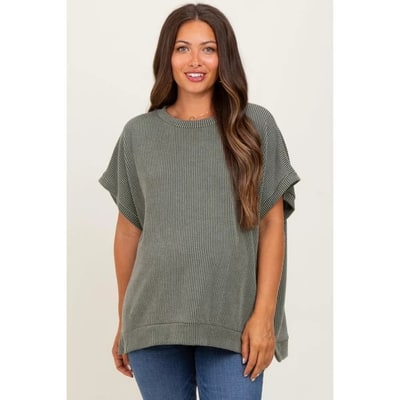 Target Pinkblush Olive Solid Ribbed Short Sleeve Oversized Maternity Tunic Top Medium