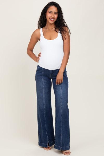 PinkBlush Navy Blue Front Seam Slit Wide Leg Maternity Jeans