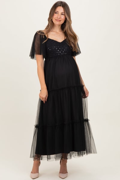 PinkBlush Black Sequin Bodice Tulle Tiered Maternity Midi Dress