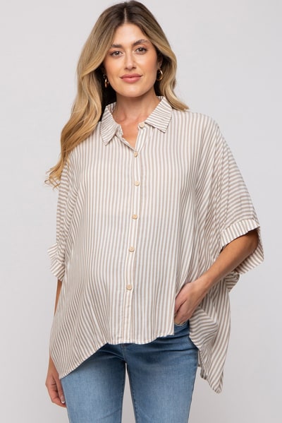 PinkBlush Taupe Striped Button Up Dolman Maternity Top
