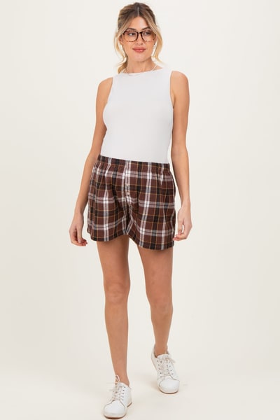 PinkBlush Brown Button-Front Plaid Maternity Boxer Shorts