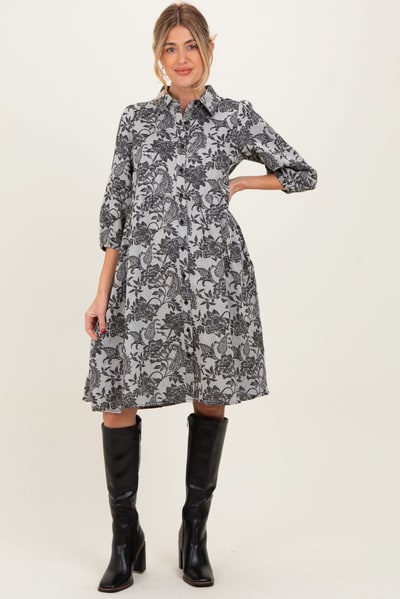 PinkBlush Black Floral Button Down 3/4 Sleeve Maternity Midi Dress
