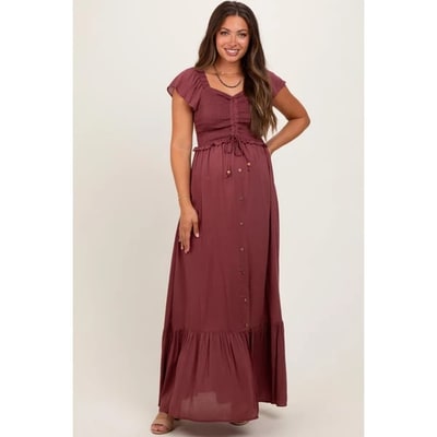 Target PinkBlush Burgundy Smocked Top Woven Maternity Maxi Dress Burgundy Small