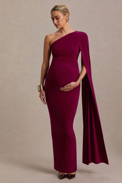 Club L London Amaryllis | Berry Maternity One Shoulder Maxi Dress with Cape Sleeve