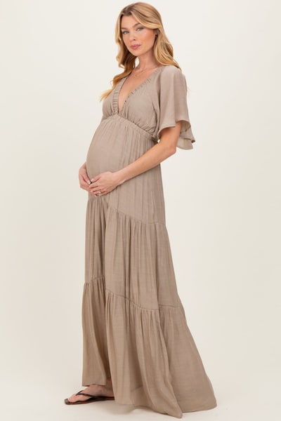 PinkBlush Taupe Flutter Sleeve Maternity Maxi Dress
