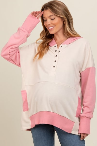 PinkBlush Beige Colorblock Relaxed Fit Maternity Hoodie