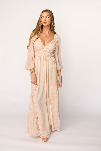 Worth Collective Daphne Long Sleeve Maxi Dress in Light Beige/White Floral - Bump Friendly