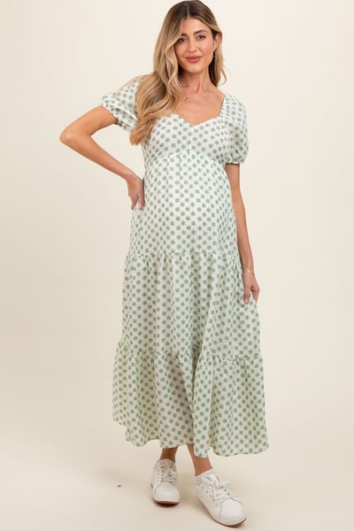 PinkBlush Green Floral Tiered Maternity Maxi Dress