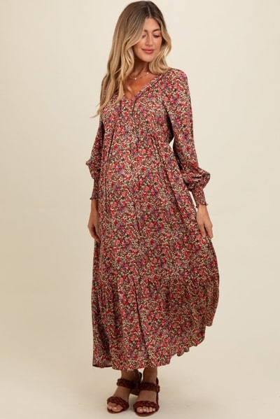 PinkBlush Mocha Floral V-Neck Bubble Sleeve Maternity Maxi Dress