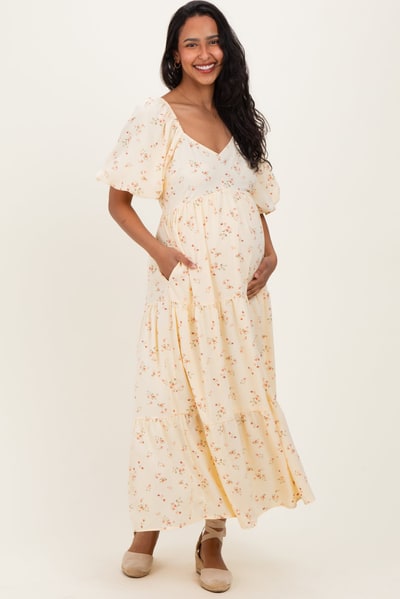 PinkBlush Butter Yellow Floral Tiered Puff Sleeve Maternity Midi Dress