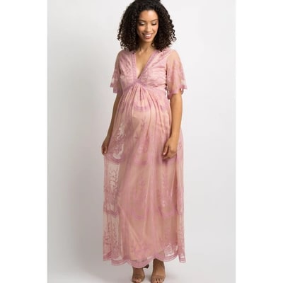 Target PinkBlush Pink Lace Mesh Overlay Maternity Maxi Dress Pink Medium