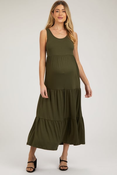 PinkBlush Olive Sleeveless Scoop Back Tiered Maternity Maxi Dress