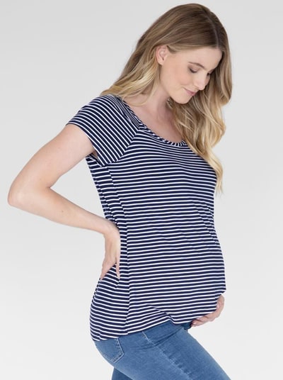 Angel Maternity Maternity Petal Front Short Sleeve Nursing Top in Navy Stripes