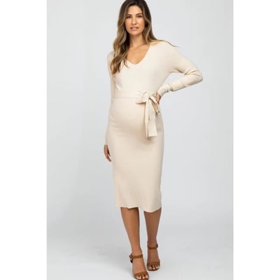 Target PinkBlush Beige Tie Front Maternity Sweater Midi Dress Beige Large