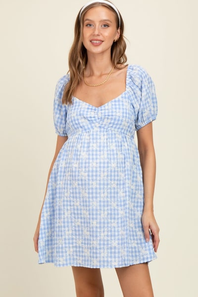 PinkBlush Light Blue Embroidered Gingham Sweetheart Neck Maternity Mini Dress