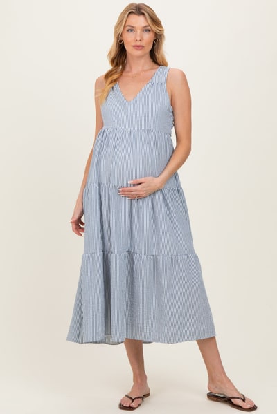 PinkBlush Blue Striped V-Neck Sleeveless Tiered Maternity Midi Dress