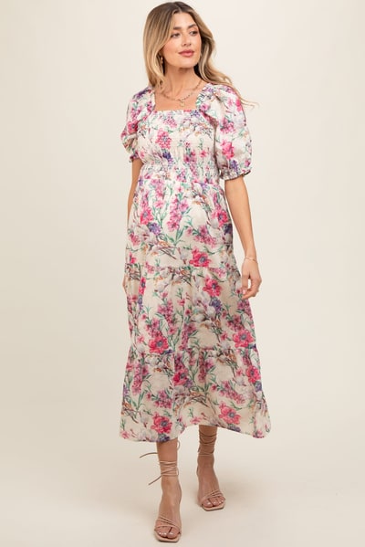 PinkBlush Cream Floral Puff Sleeve Smocked Maternity Midi Dress