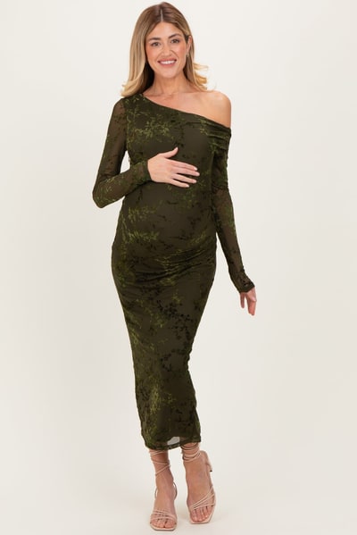 PinkBlush Olive Floral Mesh Overlay One Shoulder Maternity Dress