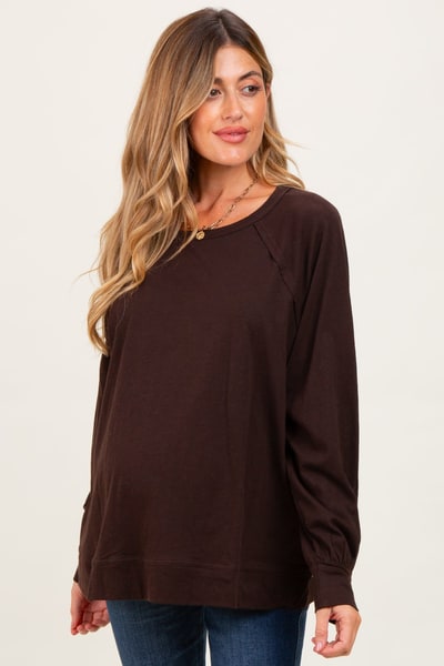 PinkBlush Brown Oversized Cotton Slub Long Sleeve Maternity Top