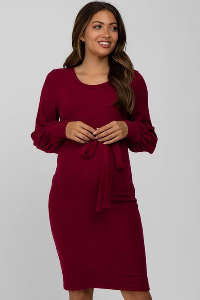 PinkBlush Burgundy Soft Brushed Waist Tie Bubble Sleeve Maternity Dress
