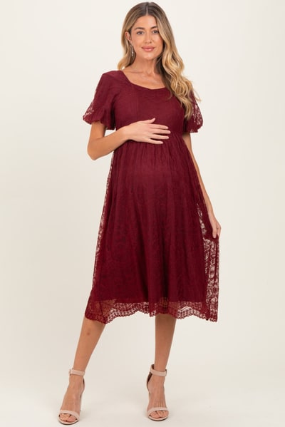 PinkBlush Burgundy Lace Sweetheart Neck Short Sleeve Maternity Midi Dress