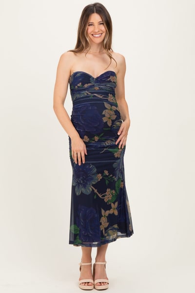 PinkBlush Navy Floral Mesh Ruched Maternity Midi Dress