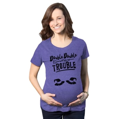 Target Maternity Double Double Were In Trouble T Shirt Funny Halloween Twins Tee - Crazy Dog Maternity T Shirt For Halloween Season Purple XXL