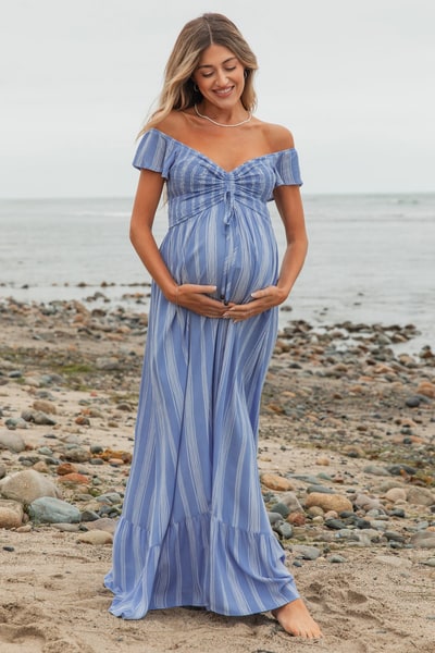 PinkBlush Blue Striped Off Shoulder Front Tie Maternity Maxi Dress