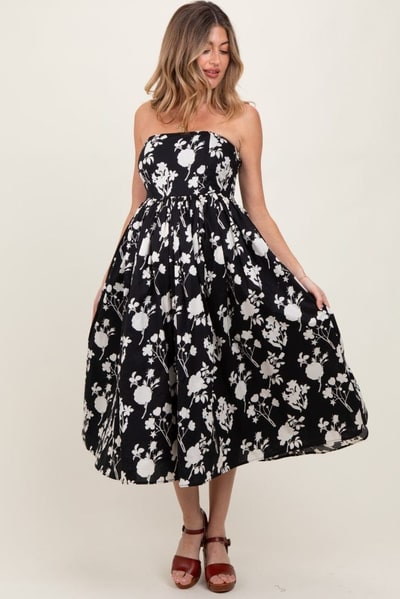 PinkBlush Black Floral Strapless Flare Maternity Midi Dress