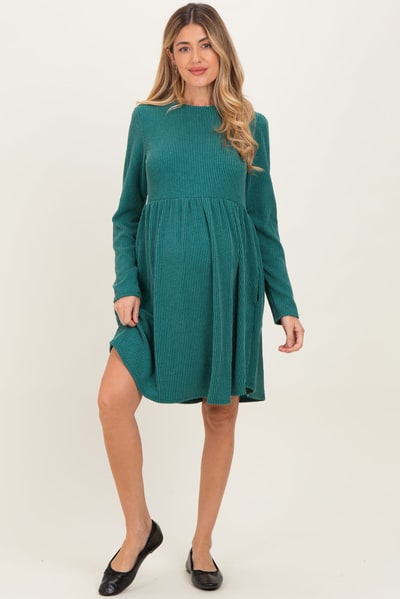 PinkBlush Forest Green Textured Rib Long Sleeve Maternity Dress