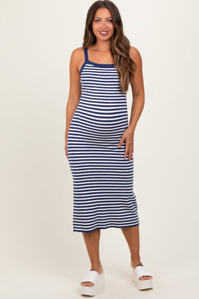 PinkBlush Navy Striped Knit Sleeveless Maternity Midi Dress