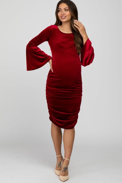 PinkBlush Red Velvet Ruched Bell Sleeve Maternity Dress